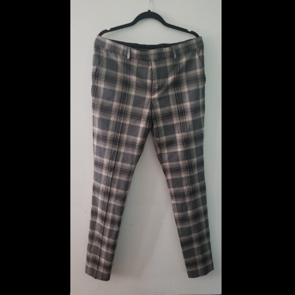 Khaki/slate grey/black tartan trousers